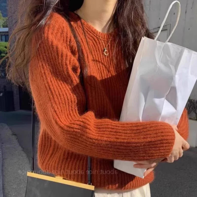 Damen Strickpullover Rundhals Lange Ärmel Rostrot