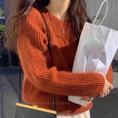 Damen Strickpullover Rundhals Lange Ärmel Rostrot