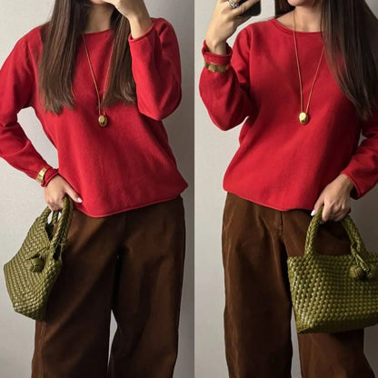 Women's crew-neck long-sleeve sweater with a knit-look texture