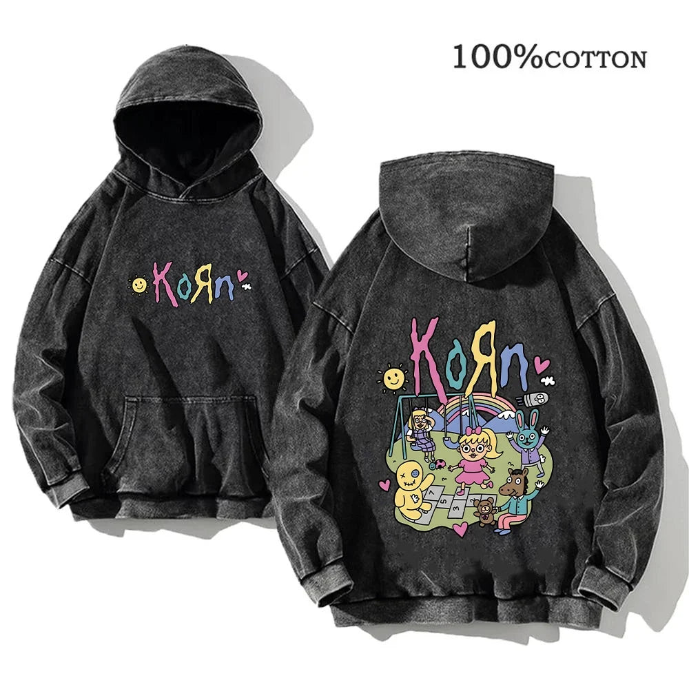 Hoodie Schwarz Grau Washed Oversize mit Band-Print Vorn & Hinten