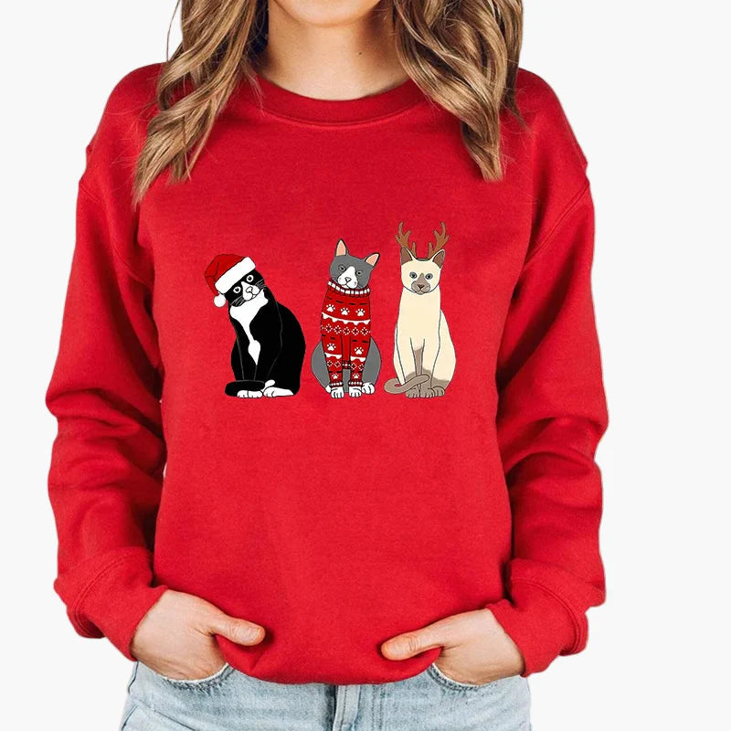 Damen Weihnachtspullover mit Katze, Weihnachtsmütze und Lichterkette – Lustiger Winter-Sweater für Frauen