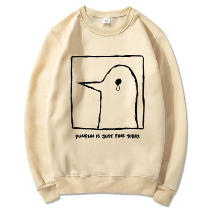 Hoodie or sweatshirt with cartoon bird motif, "Punpun is just fine today" print