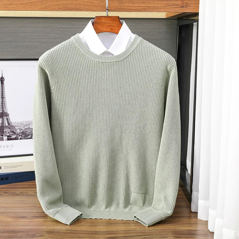 Men's crew-neck knit pullover ribbed solid-color long-sleeve