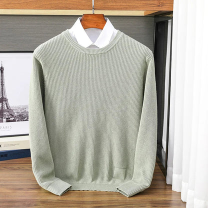 Men's crew-neck knit pullover ribbed solid-color long-sleeve