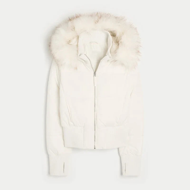 Women's bomber jacket with hood and faux fur collar, brown