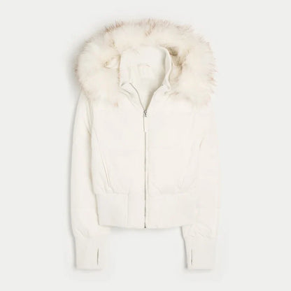 Women's bomber jacket with hood and faux fur collar, brown