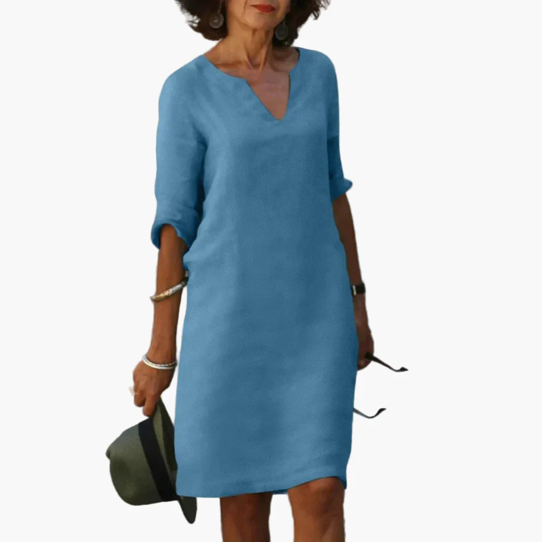 Damen Freizeitkleid mit V-Ausschnitt und 3/4-Ärmeln – Elegantes Alltagskleid für Büro und Freizeit