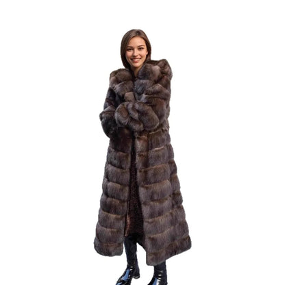 Damen Langer Mantel mit Kapuze, Braun, Kunstfell-Optik, Winter