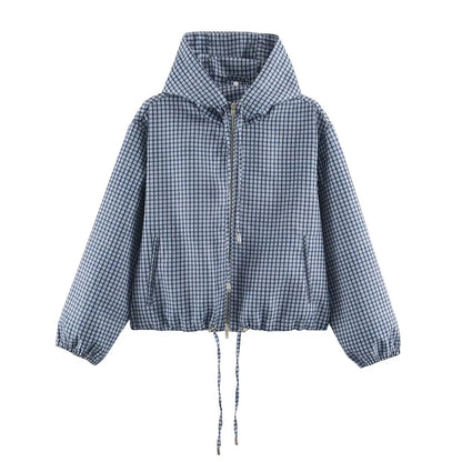 Damen karierte Kapuzenjacke cropped mit Reißverschluss
