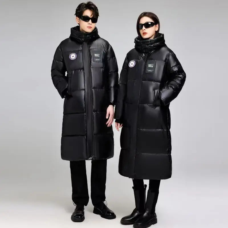Unisex Long Black Puffer Coat with Hood