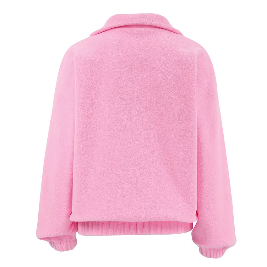 Women's pink fleece pullover with zip-up stand collar and long sleeves