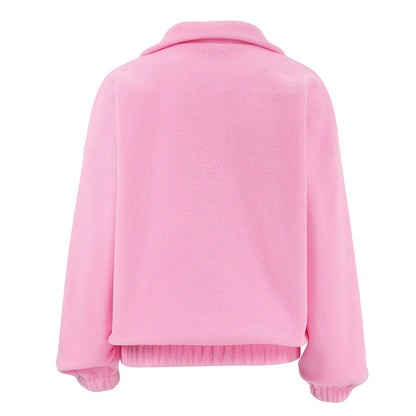 Women's pink fleece pullover with zip-up stand collar and long sleeves