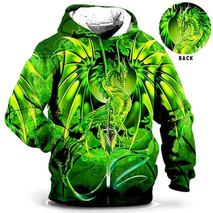 Dragon-print hoodie, fantasy design, hooded pullover for men