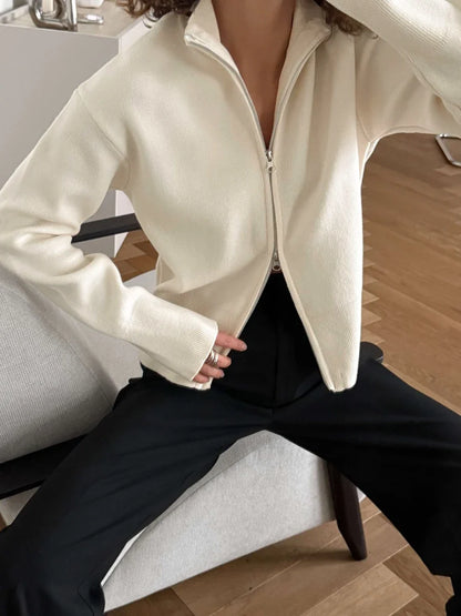 Damen Strickjacke mit Reißverschluss und Stehkragen, langärmlig