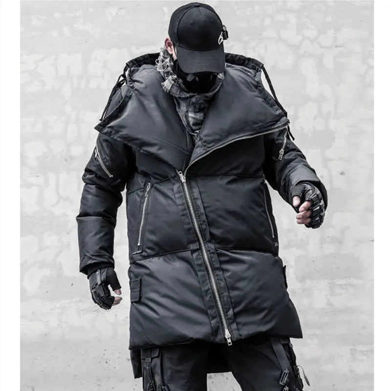 Unisex quilted winter jacket with hood, zippers and long sleeves, Black