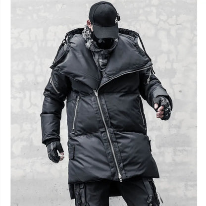 Unisex quilted winter jacket with hood, zippers and long sleeves, Black