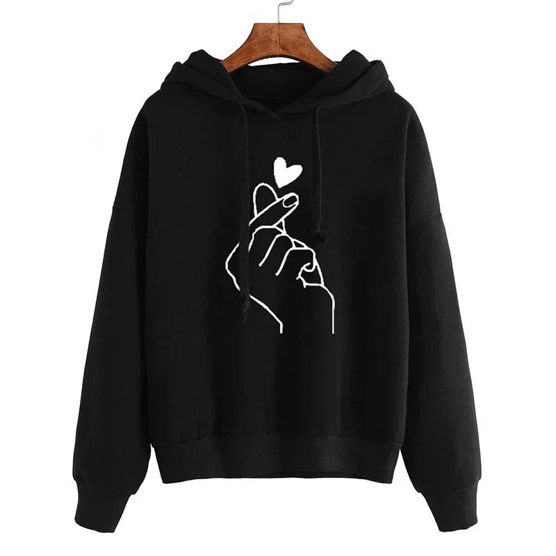 Women's hoodie with hood & drawstring, heart finger print, loose fit
