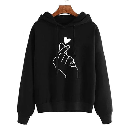 Women's hoodie with hood & drawstring, heart finger print, loose fit