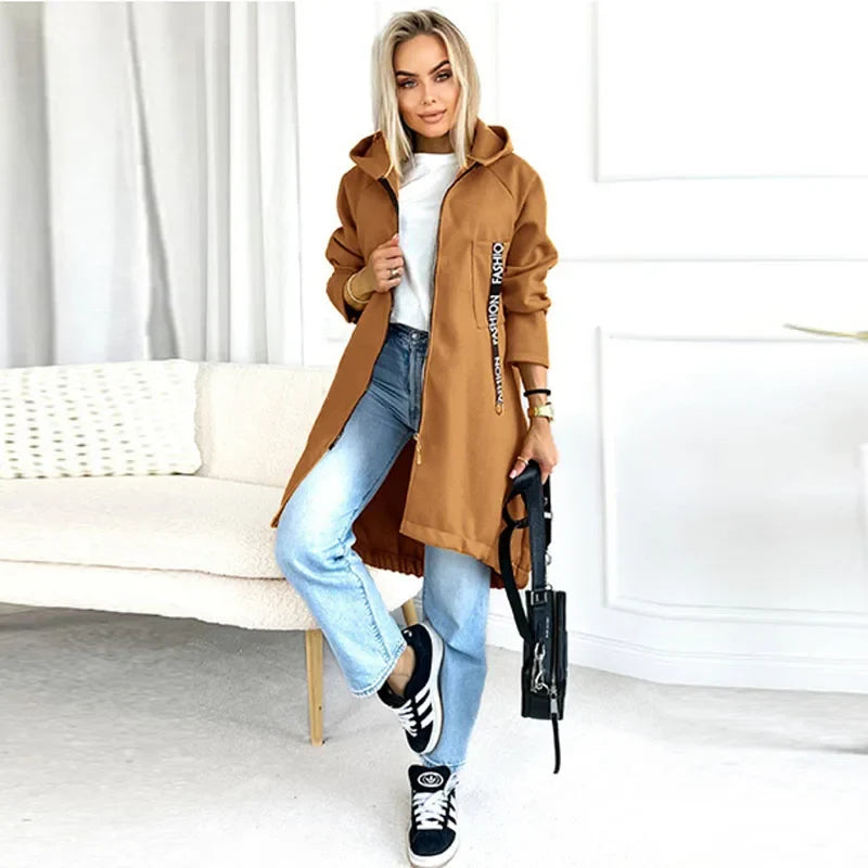 Women's long hooded jacket with zipper, solid color, relaxed fit