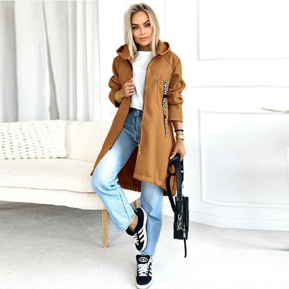 Women's long hooded jacket with zipper, solid color, relaxed fit