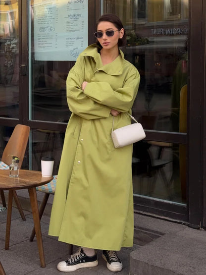 Women's long transitional trench coat with stand collar and puff sleeves