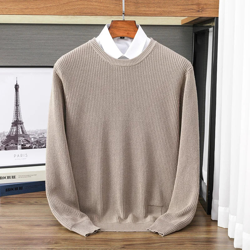 Men's crew-neck knit pullover ribbed solid-color long-sleeve