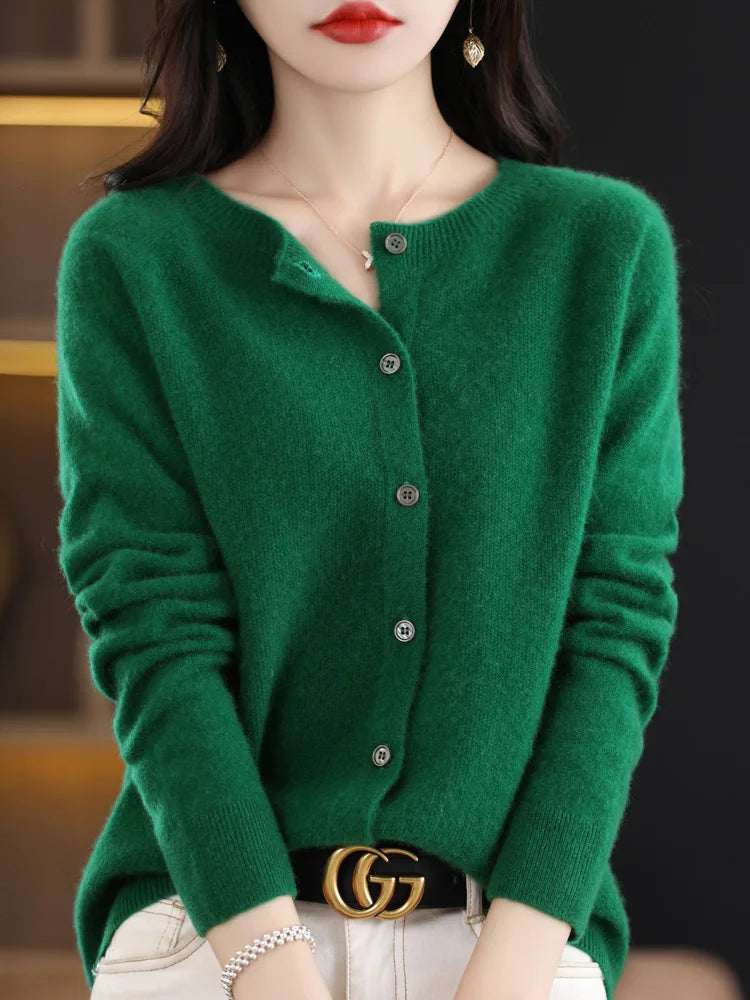 Women's crew-neck knitted cardigan with button placket, long-sleeve