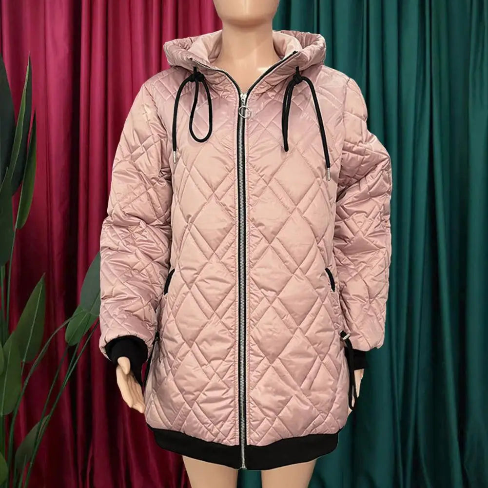 Women's quilted jacket with hood, zipper, and stand collar