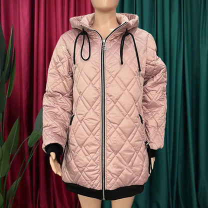 Women's quilted jacket with hood, zipper, and stand collar