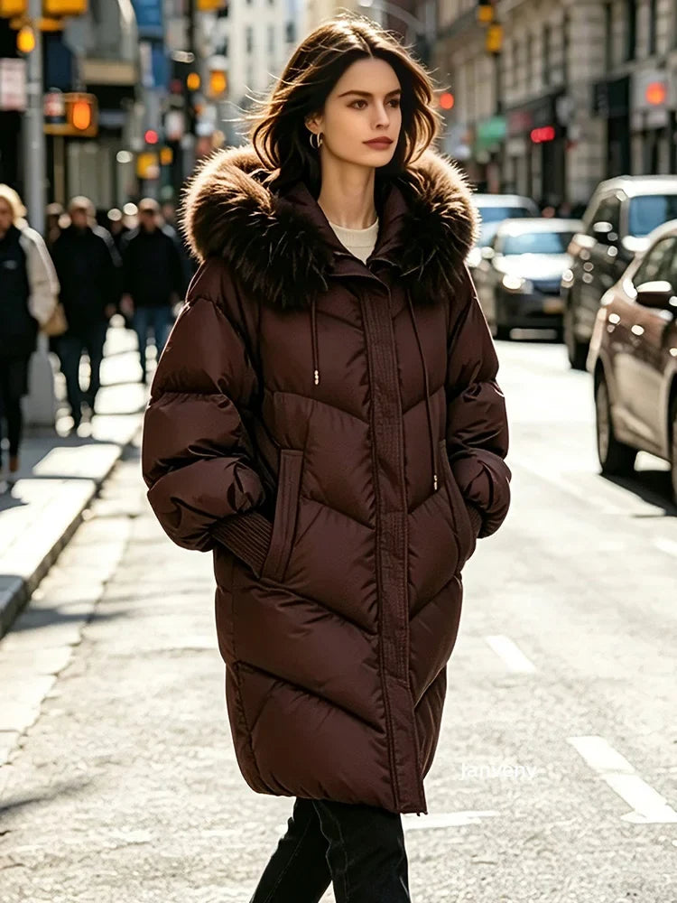 Women's winter quilted jacket with faux fur hood, khaki beige