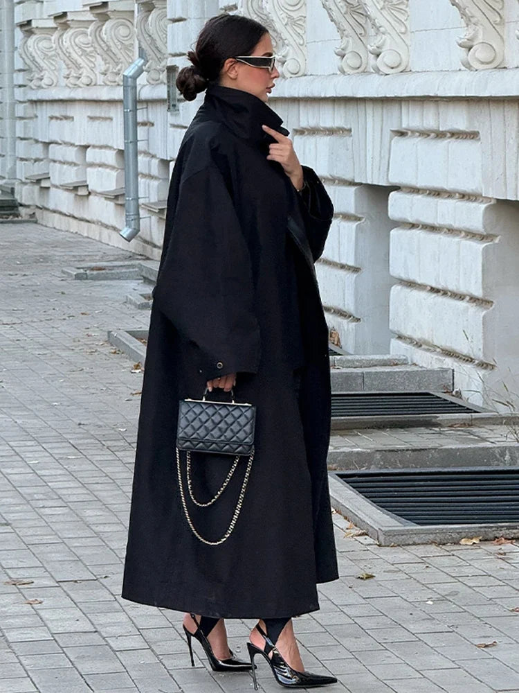 Damen Langer Trenchcoat Oversize mit hohem Kragen Schwarz