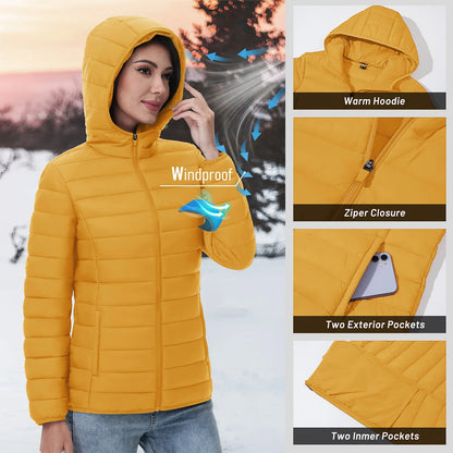 Damen Steppjacke mit Kapuze, Reißverschluss, Gelb