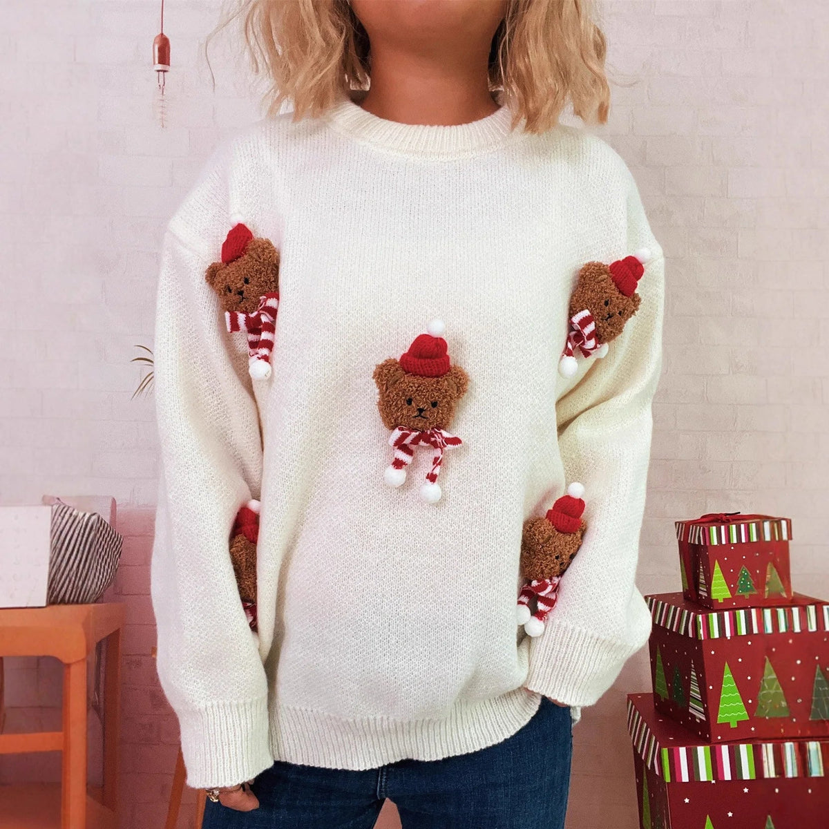 Red Christmas sweater with teddy bear appliqués and a crew neck