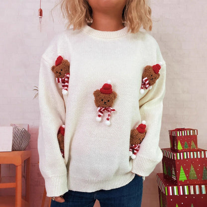 Red Christmas sweater with teddy bear appliqués and a crew neck