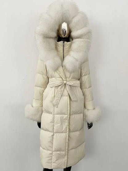 Women's quilted winter down coat with faux fur trim and belt