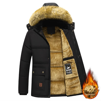 Men's winter parka with removable faux-fur trim on hood, lined jacket