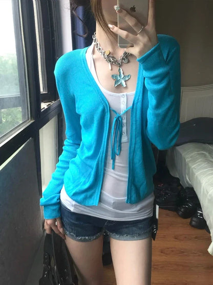 Women's rib-knit cardigan in turquoise with long sleeves and V-neck