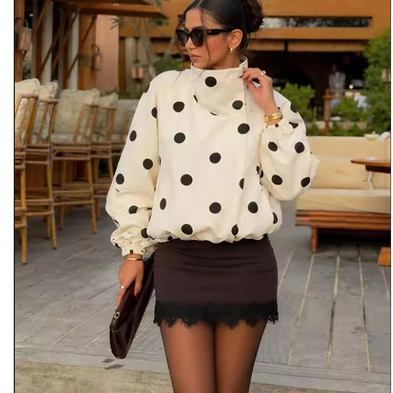 Women's white polka dot bomber jacket with stand collar