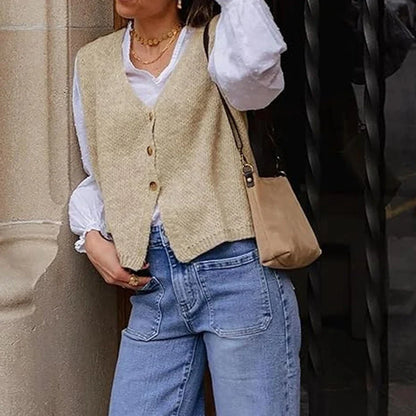 Women's knitted vest with V-neck and buttons