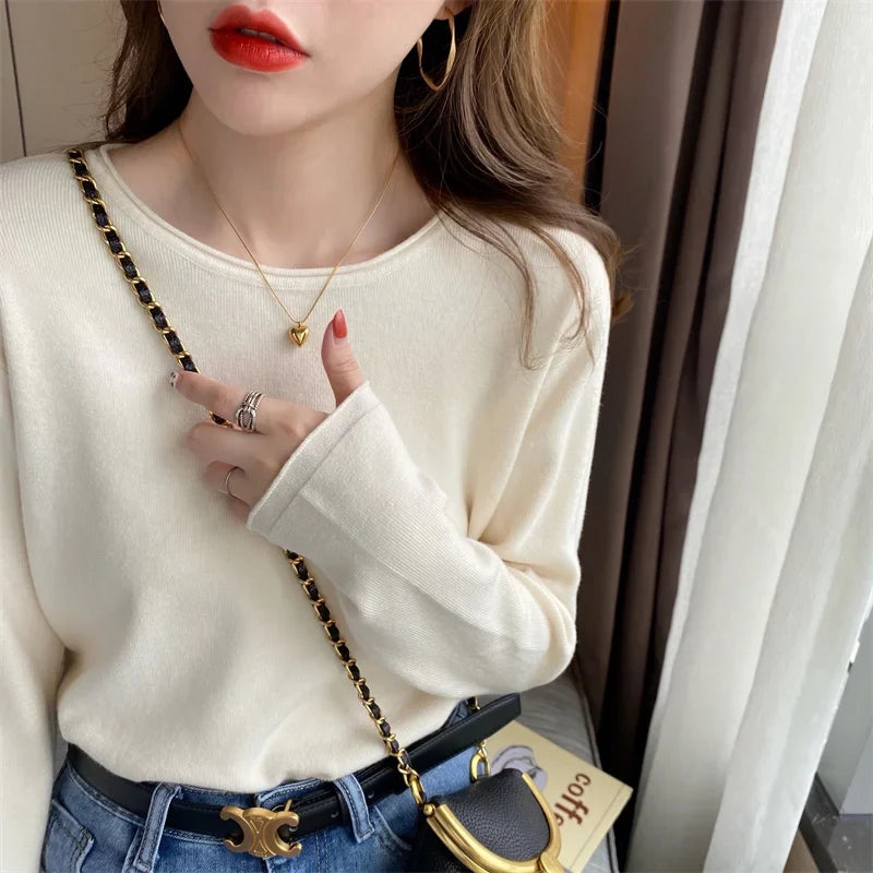 Damen Langarm Oberteil Rundhals Pullover Mehrfarbig