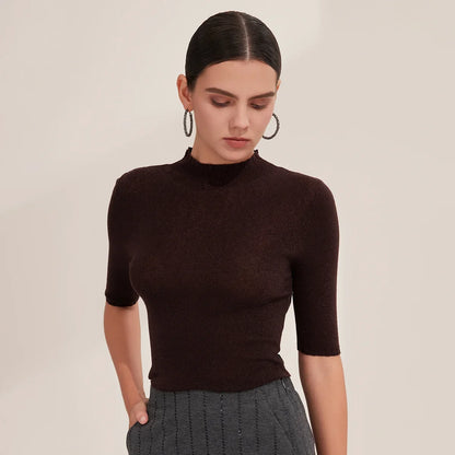 Women's Short-Sleeve Knit Sweater with Stand-Up Collar