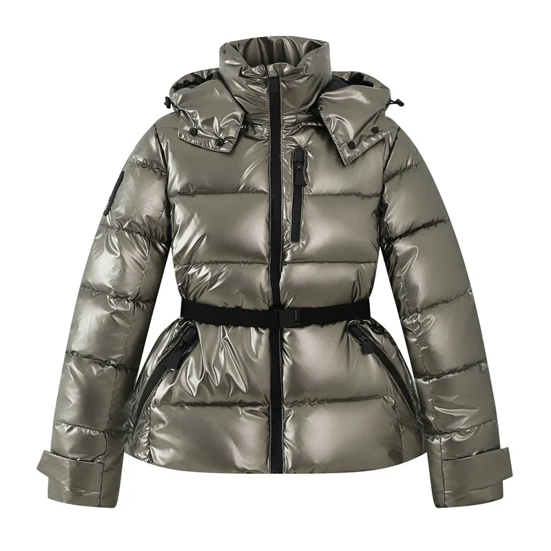 Women's down jacket with hood & belt, shiny/patterned