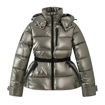 Women's down jacket with hood & belt, shiny/patterned