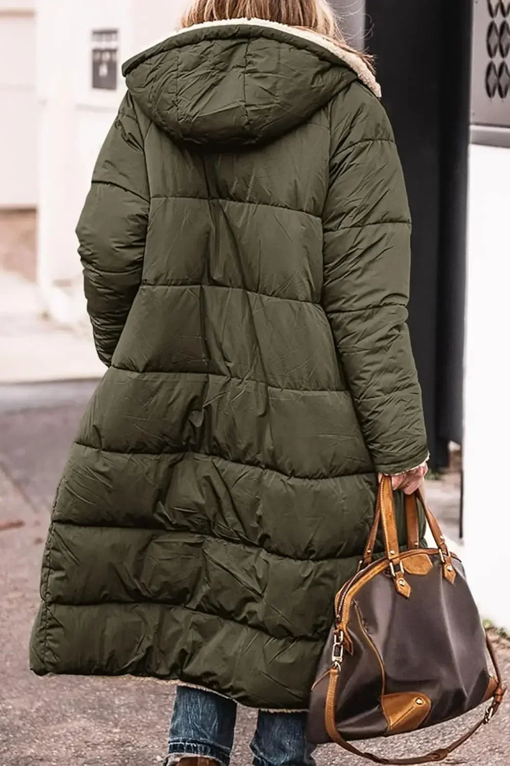 Long women's quilted coat with teddy lining & hood - Warmly lined winter coat