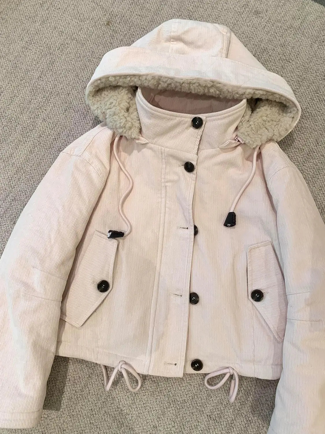 Women's corduroy jacket with hood and teddy lining, light pink