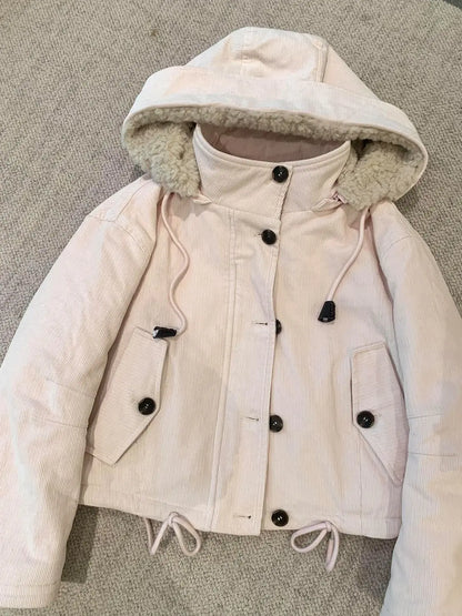 Women's corduroy jacket with hood and teddy lining, light pink