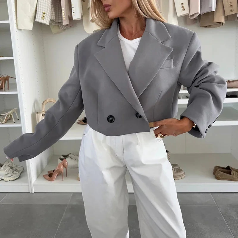 Kurzer Damen Blazer Doppelt Geknöpft Grau