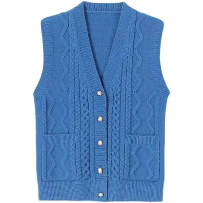 Women's Cable-Knit Vest with V-Neck and Button Placket
