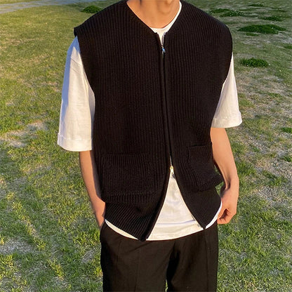 Unisex knitted vest with zipper & pockets ribbed