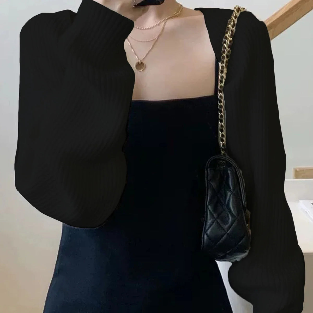 Women's knitted bolero shrug, ribbed knit, short-sleeve cropped top, off-shoulder